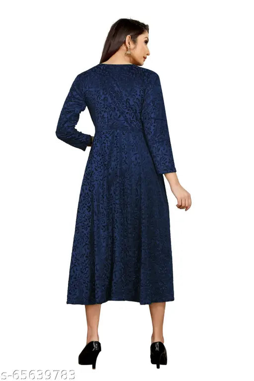 Velvet accordion pleated fit & flare kurti, three-quarter sleeves, self-design, M size (bust 38in), Indian traditional fashion