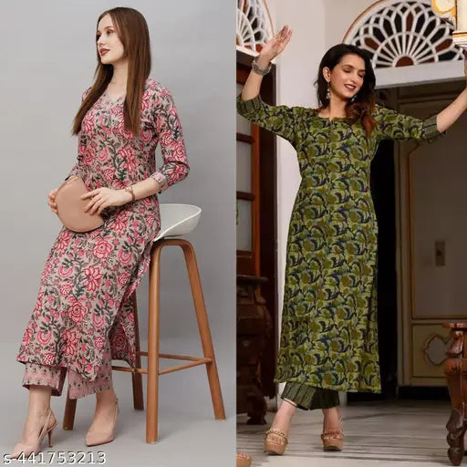 Women's floral printed cotton slub kurti pant sets combo of 2 - vibrant Indian ethnic wear for ladies