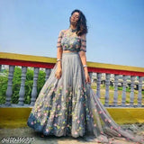 New design floral net lehenga set, semi-stitched (waist size 44m, length 42m, dupatta 2.2m), applique pattern, Indian origin