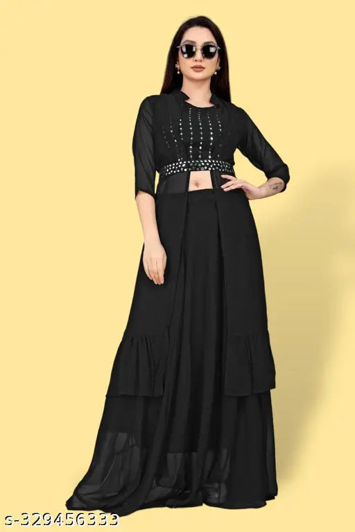 Ethnic Motifs embroidered Georgette work top with plazzo and shrug, three-quarter sleeves, handcrafted Indian embroidery on display