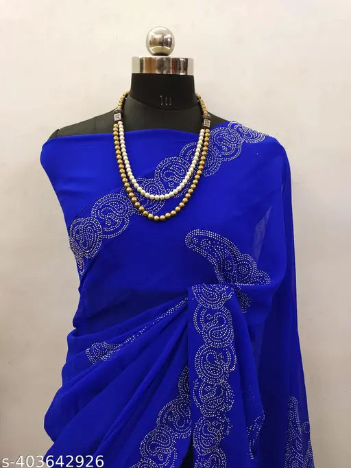 Golden Georgette Diamond Work Fancy Saree, attractive work for parties and traditions, single piece, 5.5m length