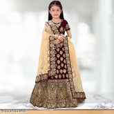 kids taffeta silk lehenga choli, embroidered top and net dupatta with short sleeves, stitched in India for baby fashion