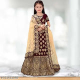 kids taffeta silk lehenga choli, embroidered top and net dupatta with short sleeves, stitched in India for baby fashion