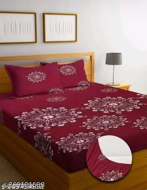 Maroon glace cotton fitted double bedsheet with floral stripe pattern, ideal for summer. Breathable, wrinkle-free, and easy to tuck up to 8 inches