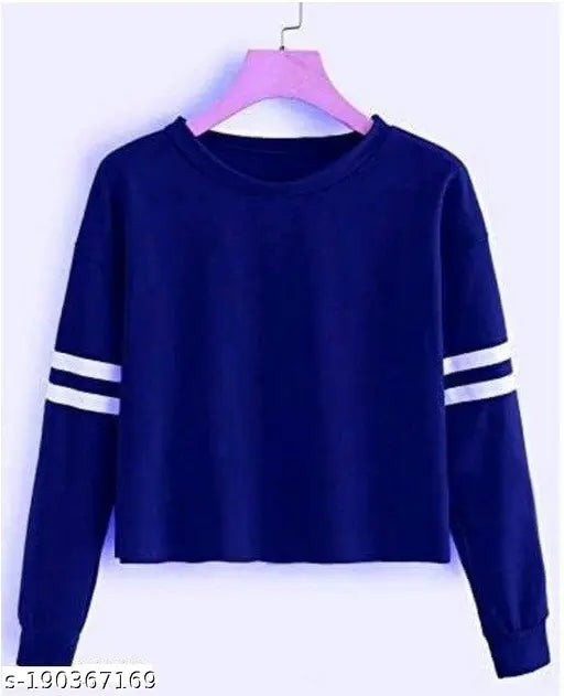 Solid regular blue cotton blend women's long sleeve t-shirt, casual and comfortable for ladies