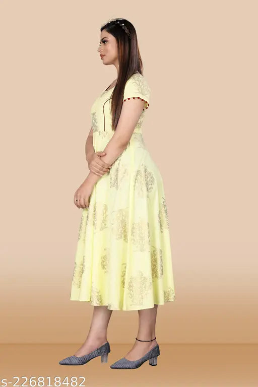 Rayon long, flared gown kurta, sleeveless print dress for women, India-made fashion on mannequin