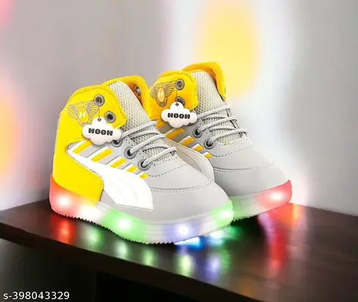 Yellow and grey patent leather LED lighting sports shoes for kids up to 7 years, embellished design with velcro fastening
