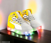 Yellow and grey patent leather LED lighting sports shoes for kids up to 7 years, embellished design with velcro fastening