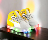 Yellow and grey patent leather LED lighting sports shoes for kids up to 7 years, embellished design with velcro fastening