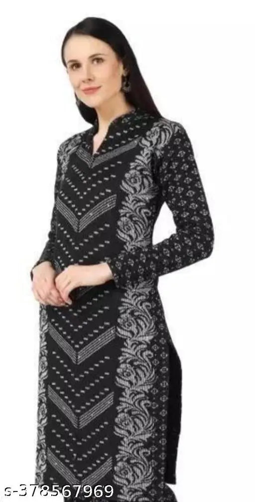 Trendy woolen kurti for women/girls, three-quarter sleeves, printed floral jaal pattern, winter season essential