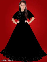 Black rayon ethnic gown for girls, solid pattern, short sleeves, pack of 1. India-made fashion clothing for teens