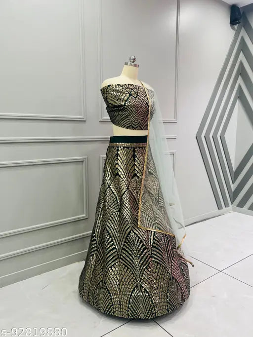 Banarasi silk lehenga choli, intricate zari and lace design on art silk fabric, fully stitched Indian bridal wear with 10 kali jointed overlock thread and zipper closure