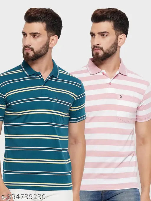 UNIBERRY men's striped cotton blend polo t-shirt pack of 2, short sleeve with pocket