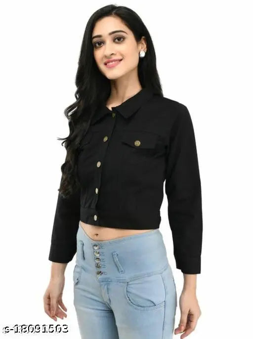 Denim solid-color women's long sleeve jacket, size S with bust 34in and length 18in, made in India