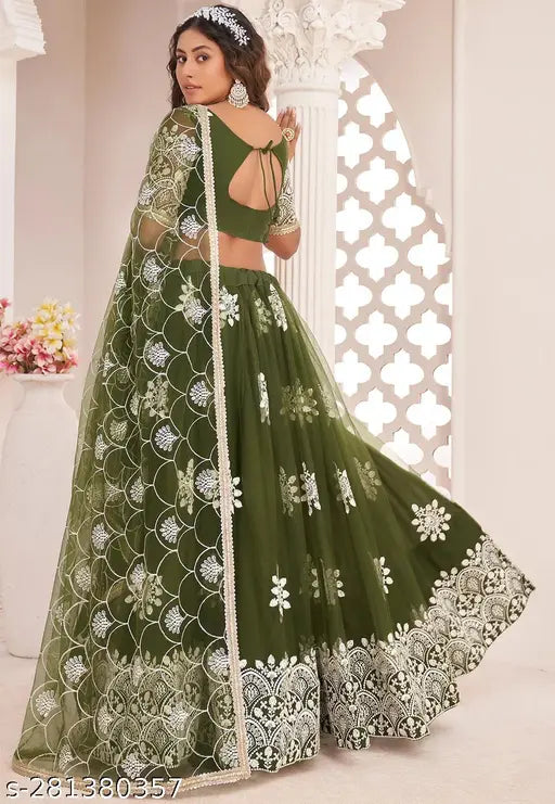 Designer trendy embroidered net lehenga choli with dupatta, semi-stitched, 52" waist, 48" length
