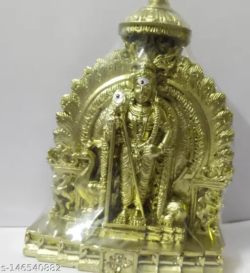 Gold-painted poly resin Murugan statue, intricately detailed for living room or interior decor