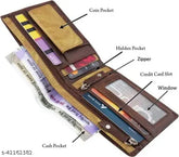 Trendy men's brown faux leather bi-fold wallet with 2 compartments for cards and money, featuring a fashionable design, secret slots, chain pocket, and flip ID. Indian origin