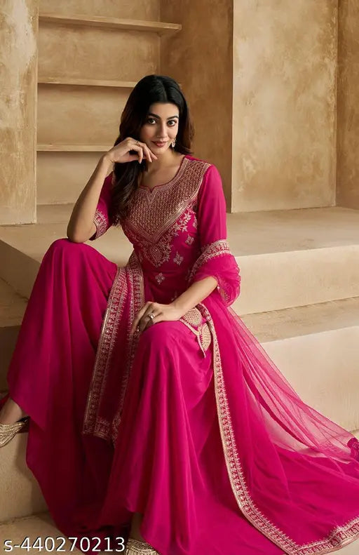 Ethnic motifs embroidered sequinned scalloped kurti with sharara & dupatta in georgette fabric, three-quarter sleeves, single set, size M, India origin