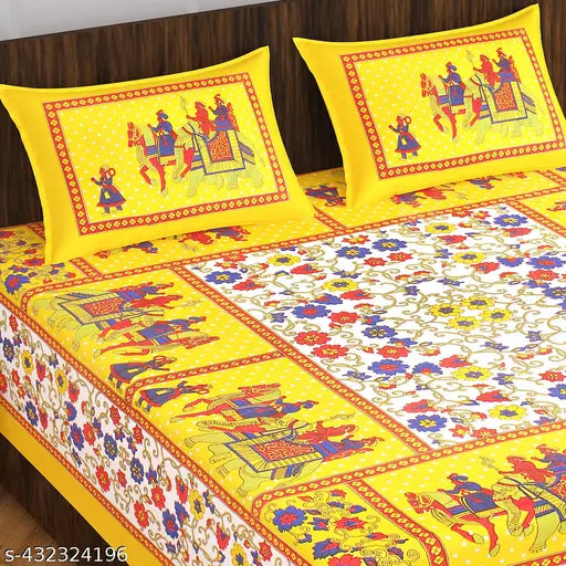 Rajasthani printed pure cotton Jaipuri double-size bedsheet with two pillow covers, ideal for summer use, high-quality superfine flat sheets, made in India