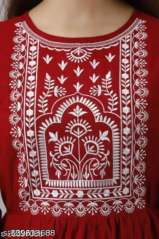 Trendy rayon embroidered gown for girls, three-quarter sleeves, Indian origin