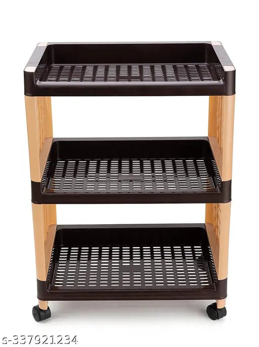 Brown and cream plastic 3-layer storage organizer for kitchen and office with wheels, ideal for home and office use