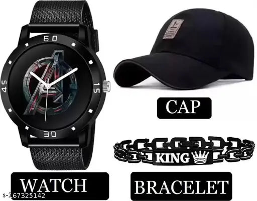 Black cotton baseball cap combo with avenger dial watch and king bracelet for men, sporty classic self-design