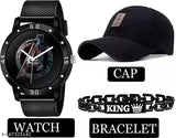 Black cotton baseball cap combo with avenger dial watch and king bracelet for men, sporty classic self-design