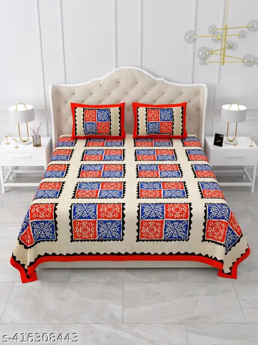 Cotton Jaipuri bedsheet set with geometric elegance, 2 pillow covers. Summer-ready, adult-sized cotton flat sheets for your bedroom from ALBEDO