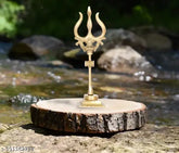 Gold-colored brass Lord Shiva Trishul with Damru on stand, 55Inch height for Pooja Room