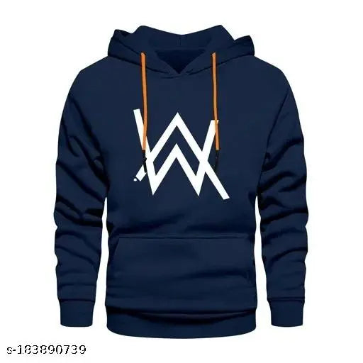 Blue cotton hoodie with Alan Walker printed design, long sleeves and varsity style for unisex casualwear