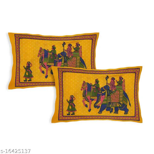 Yellow Jaipuri print cotton double bedsheet and 2 pillow covers, superfine pure cotton quality