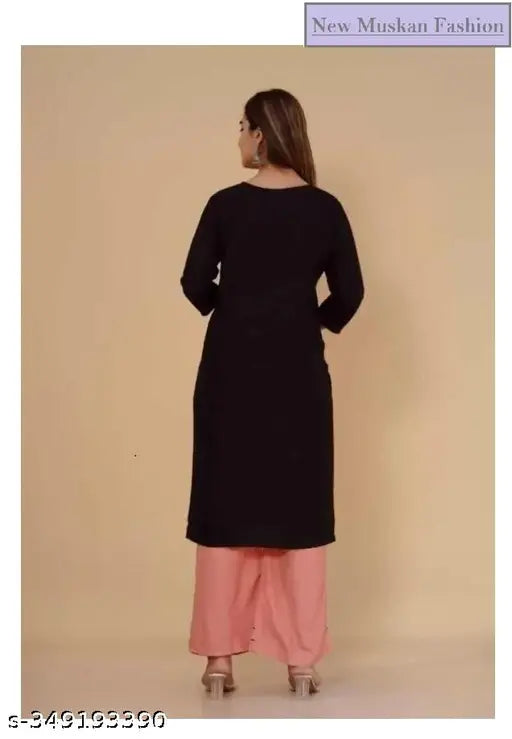Black embroidered viscose rayon A-line kurti and palazzo set, Indian women's fashion for formal or casual events