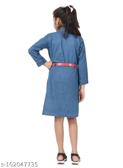 Denim blue girls' frock with belt, long-sleeved dyed/washed Kunzie dress for 7-8 or 8-9-year-olds, India-made fashion piece