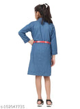 Denim blue girls' frock with belt, long-sleeved dyed/washed Kunzie dress for 7-8 or 8-9-year-olds, India-made fashion piece