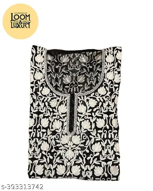 Elegant black Georgette kurti with Kashmiri Aari embroidery, perfect for any occasion. Premium material, versatile styling, easy care." (96 characters)