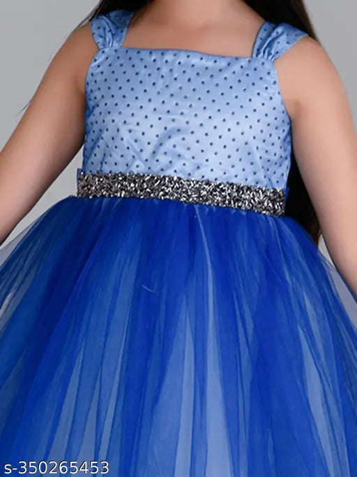 Blue embellished net dress for kids party wear, Indian origin, age 1-2 years (bust size 22in, length size 20in), sleeve length: sleeveless