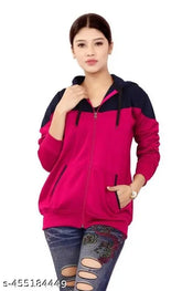 Vibrant Rani Pink & Navy Fleece Hoodie for Women - Tamina Contrast Full Sleeves