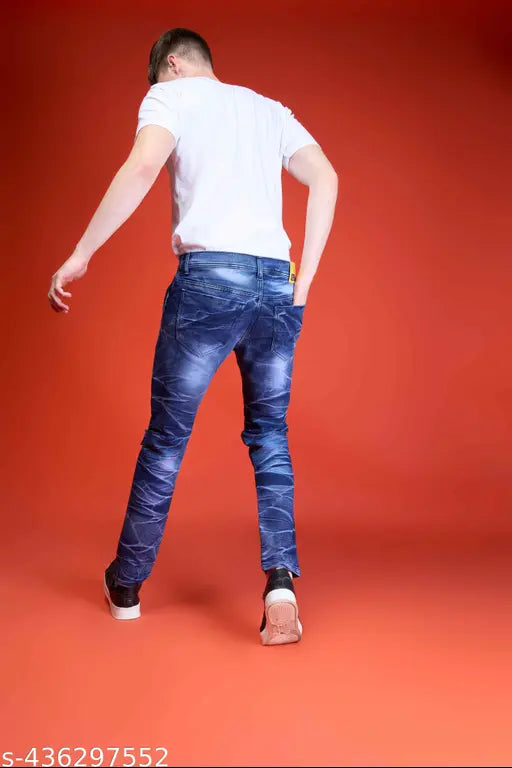 Men's cotton blend funky jeans, solid color, comfortable fit for everyday life. Made with denim stretch fabric and front/back pockets, perfect for casual wear. Size: 28 (28in waist, 41in length, 32in hip), also available in sizes 30, 32, 34 (US). Indian-made jeans