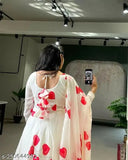 White Georgette gown & dupatta with printed net, long sleeves and moti lace. Classic design with pearl lining for a joyful vibe. Size S-36, 52"+ length. Made in India