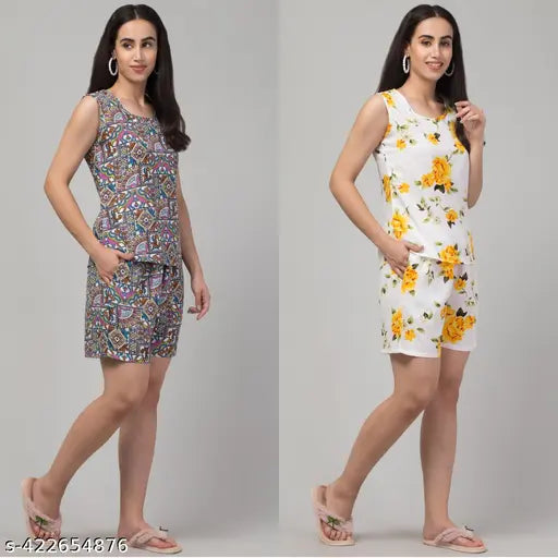 Printed crepe top and shorts set for women, sleeveless, vibrant pattern, available in sizes S-XXXXL. Indian apparel on display