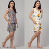 Printed crepe top and shorts set for women, sleeveless, vibrant pattern, available in sizes S-XXXXL. Indian apparel on display