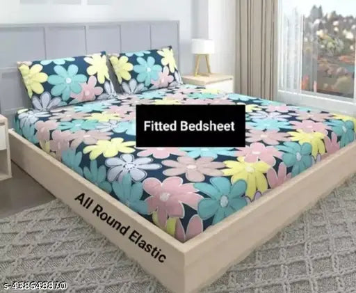 Royal soft Elastic Floral Fitted Cotton Bedsheet with 2 pillow covers, double king size, 350 thread count on bed