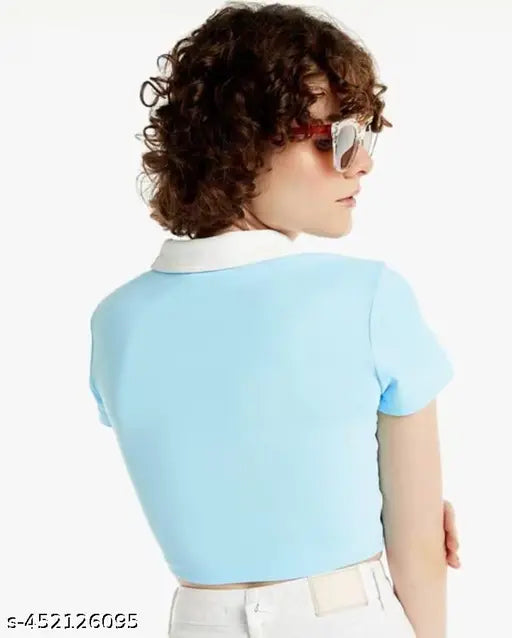 Cotton casual collared crop top, solid color, free size (36in bust, 26in length), popular modern fashion in India
