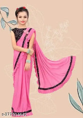 Embellished net saree for baby princess weddings, solid blouse design, ready-to-wear, vibrant color range, sizes 3-14 years, Indian origin