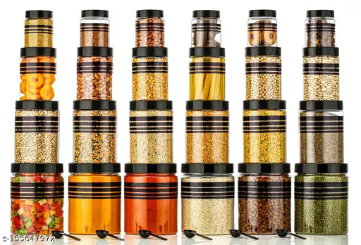 Black airtight plastic containers set of 24 (1200ml, 650ml, 350ml, 250ml), stackable, odor-free, BPA-free food storage for spices, tea, coffee, and snacks, India origin