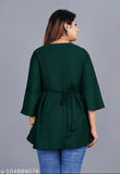 Bottle green rayon top for women with embroidery, three-quarter sleeves - handcrafted Indian fashion