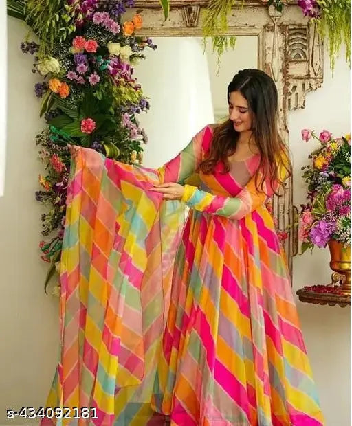 Women's 3/4 sleeve Georgette printed leheriya dress with dupatta, traditional ethnic western wear in attractive flower print. Breathable and soft pure Georgette material for a warm feel. Ideal for outdoor, party, casual, weddings, festivals, and traditional events