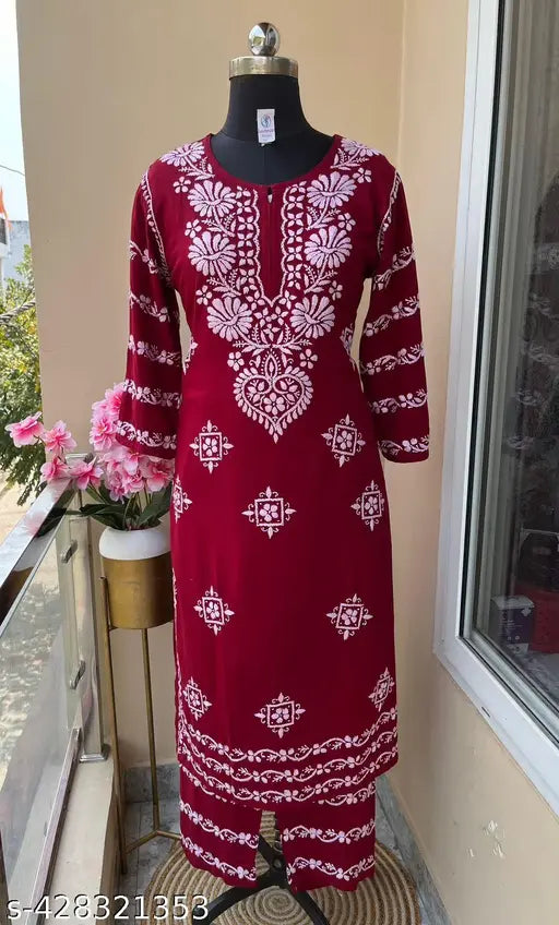 Maroon Chikankari rayon kurta and palazzo with embroidered net, three-quarter sleeves, various sizes available