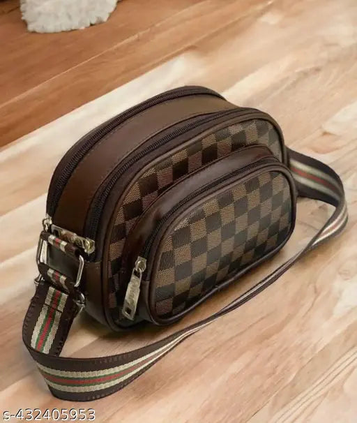 Voguish PU checked net slingbag, free size, 3 compartments for women's fashionable essentials