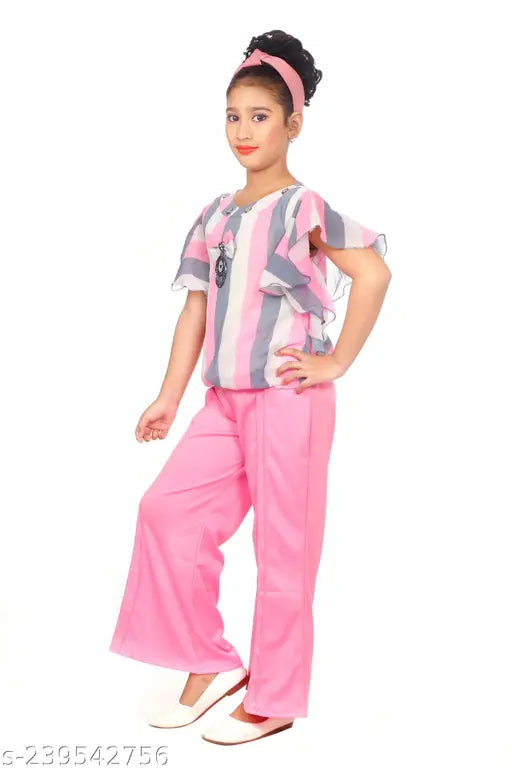 Pink Georgette & Cotton Blend Colorblocked Palazzo Set for Kids, featuring handcrafted flowers and short sleeves, perfect for parties and festive occasions